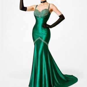 Vintage Y2K Green Satin Beaded Bodycon Maxi Formal Cocktail Prom Dress Size M